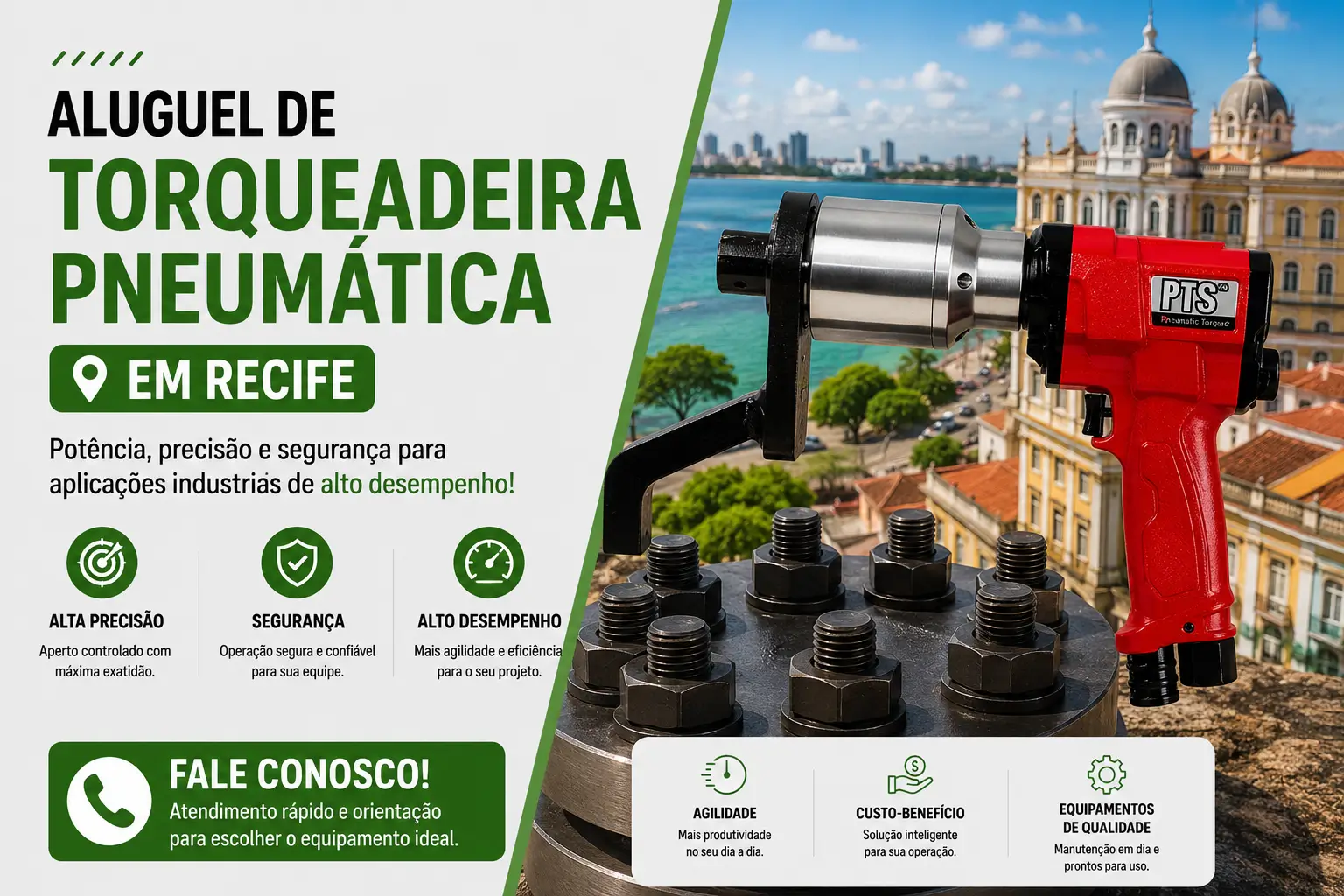 Aluguel torqueadeira pneumática Recife: entrega na obra em Pernambuco para petroquímica, porto, construção naval e manutenção industrial no estado.